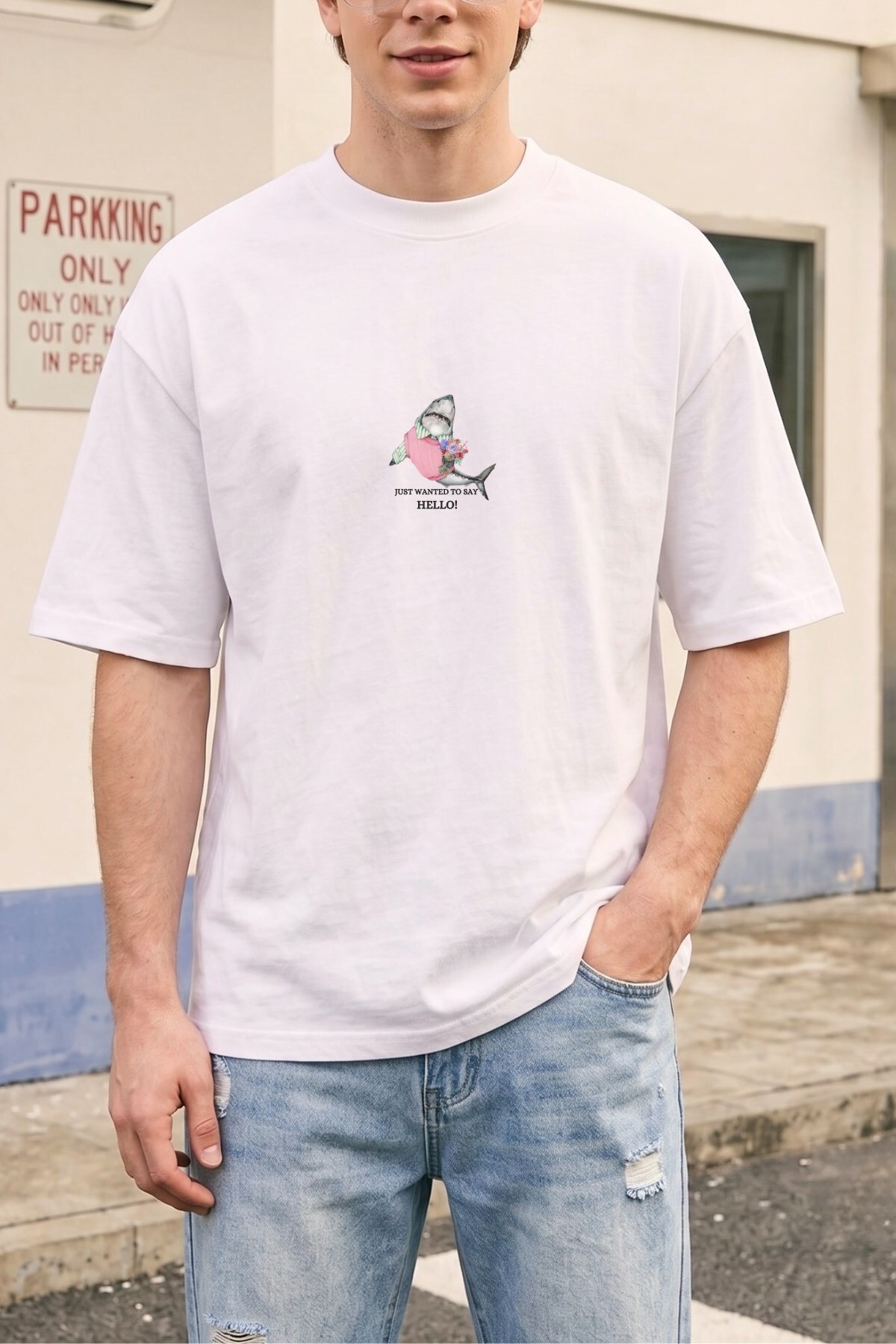 The Champ Clothing Erkek Oversize Tişört Shark Hello Baskılı Beyaz